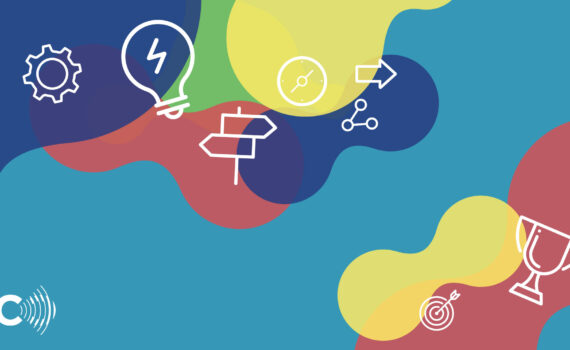 mutlitcolored graphic with an overlay of illustrations like a light bulb and a trophy