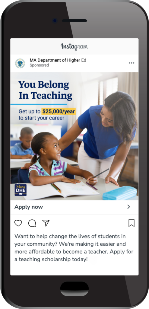 Instagram ad promoting teaching careers with a teacher helping a student in a classroom.