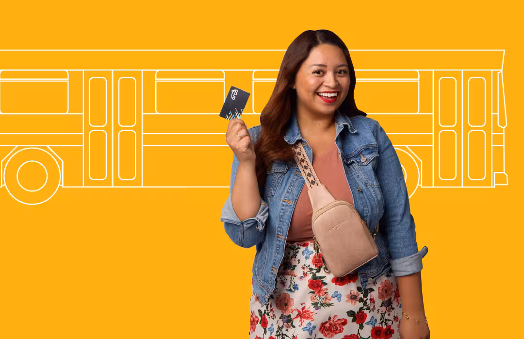 Woman holding a transit card in front of a bus illustration