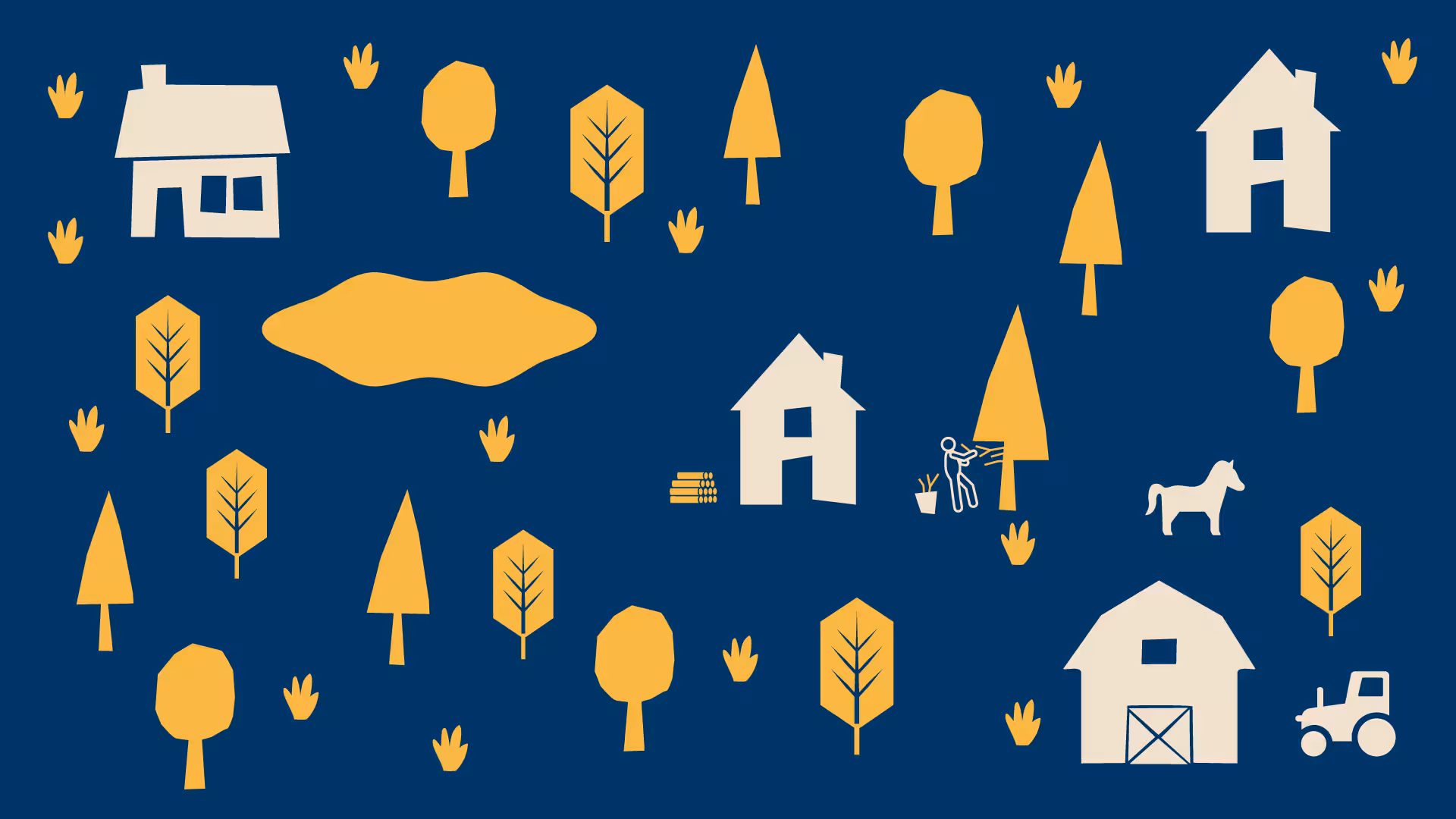 Abstract rural landscape illustration with houses, trees, farm animals, and a pond on a dark blue background.